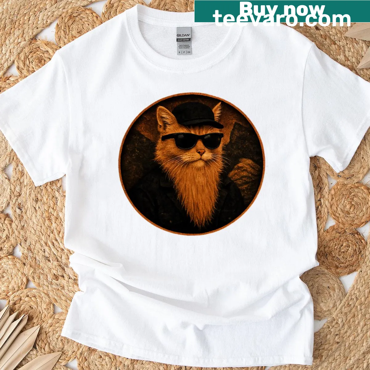 T-shirt featuring a playful cartoon of a cool cat — on a men's t-shirt