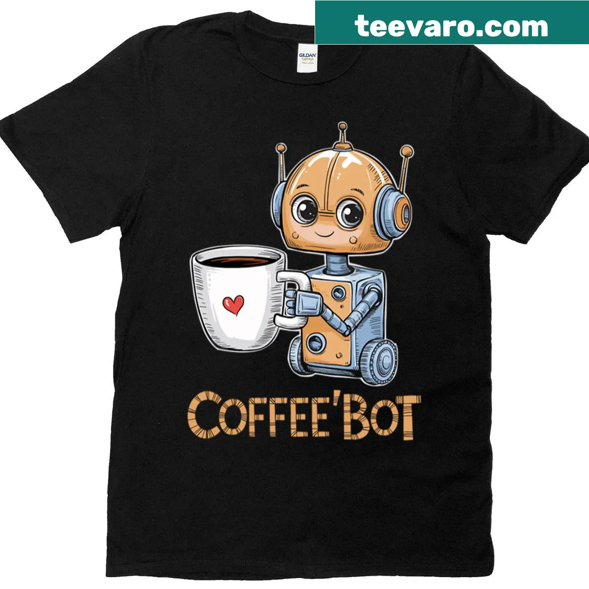 Cute illustration of a coffee bot holding a cup with a heart — on a men's t-shirt