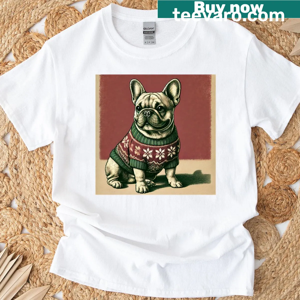 Festive T-shirt featuring a cute French Bulldog for Christmas — on a men's t-shirt