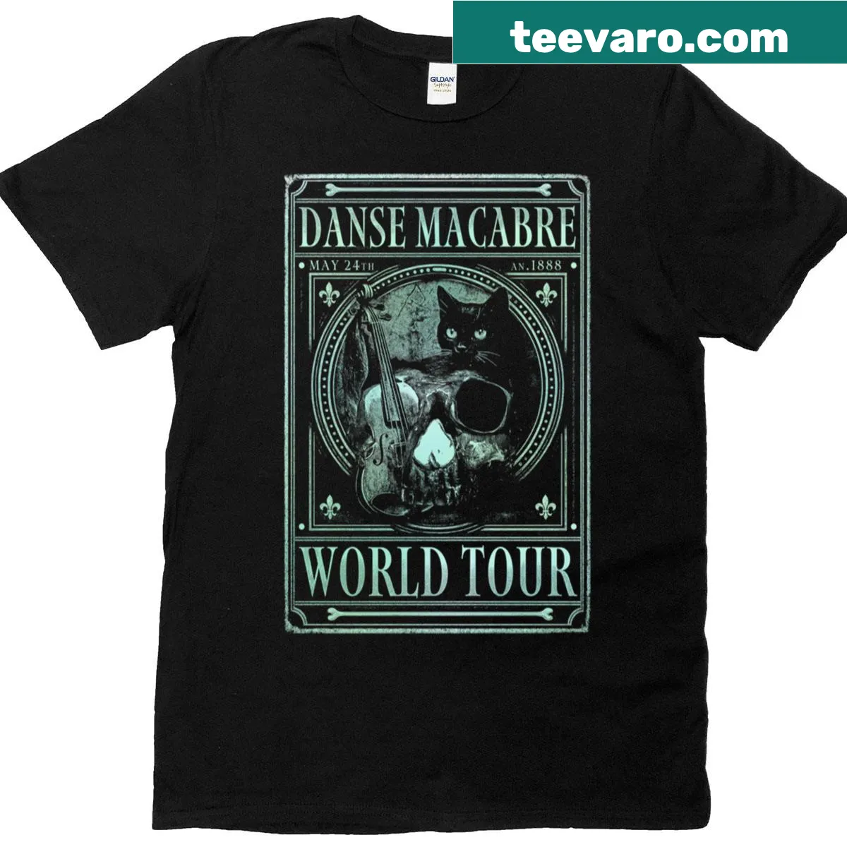 Cartoon-style T-shirt featuring dancing skeletons for a birthday. — on a men's t-shirt