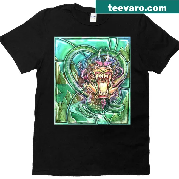 Illustrated T-shirt depicting a dragon inside a glass sphere, appealing to fantasy fans.