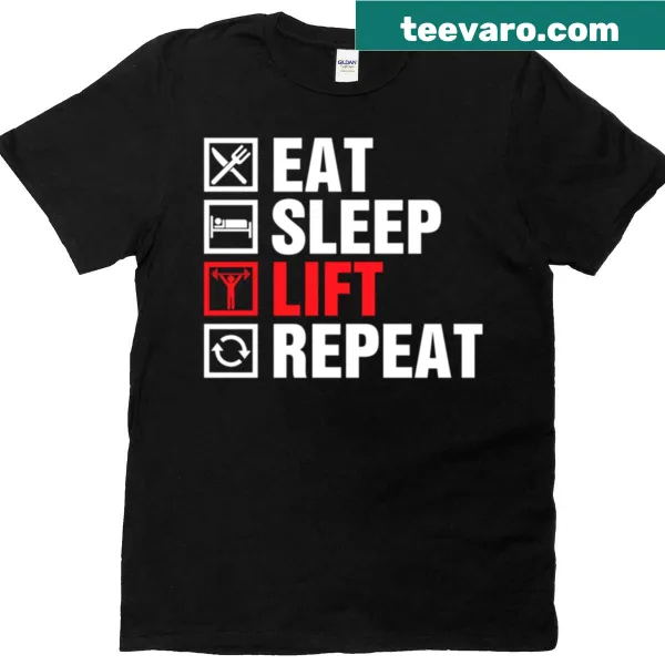 Bold fitness t-shirt with 'Eat Sleep Lift Repeat' typography