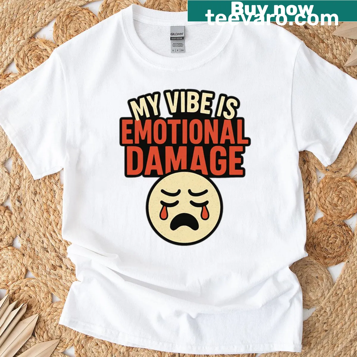 Humorous sad face graphic on an Emotional Damage meme t-shirt — on a men's t-shirt