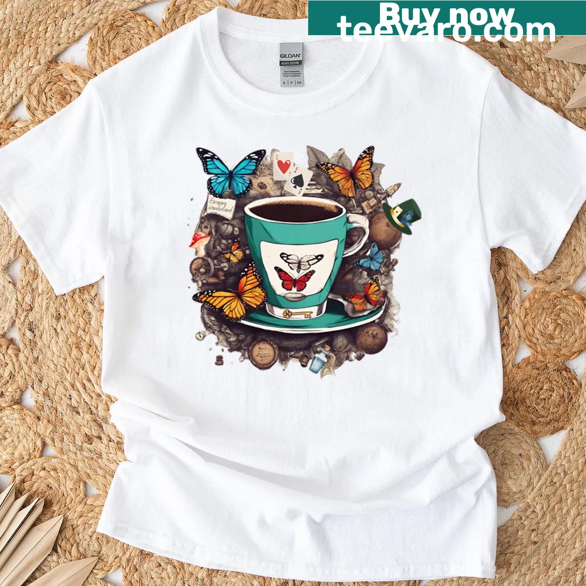 Escaping Wonderland T-shirt with whimsical butterfly and coffee design — on a men's t-shirt