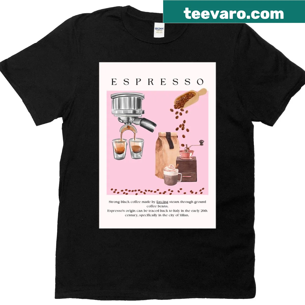 Illustrated vintage coffee T-shirt featuring espresso art — on a men's t-shirt