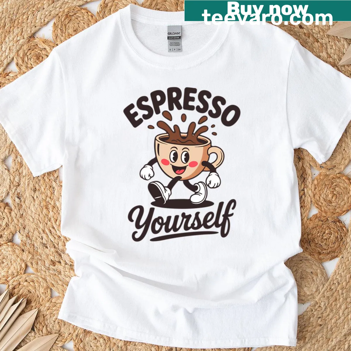 Playful cartoon coffee cup graphic on an espresso-themed t-shirt — on a men's t-shirt