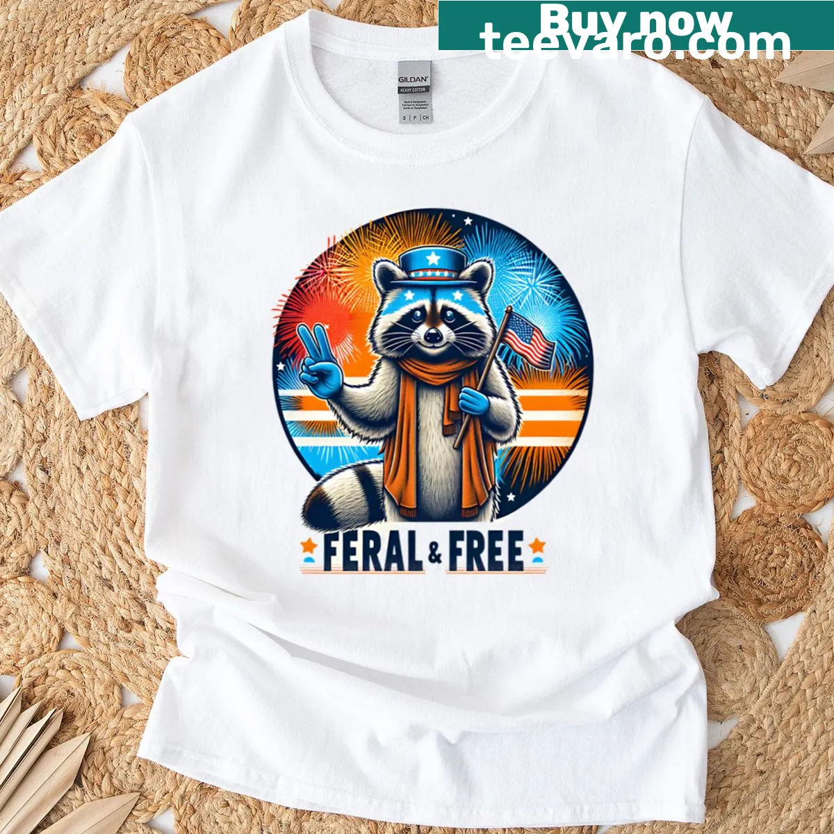 Raccoon-themed patriotic T-shirt with a humorous slogan and stars — on a men's t-shirt