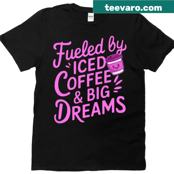 Iced coffee themed shirt with playful graphics and motivational text