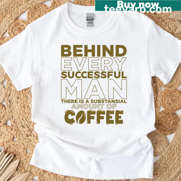 Illustration of a coffee cup with the phrase 'Fueled By Strong Coffee' on a T-shirt.