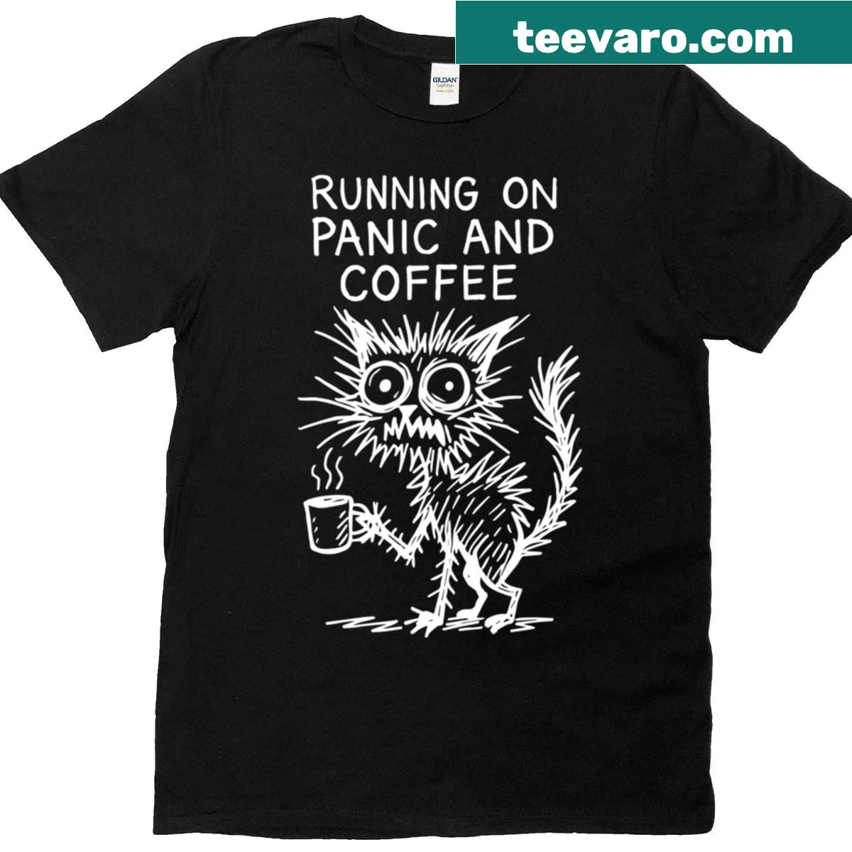 Cartoon doodle of a cat with coffee on an oversized T-shirt — on a men's t-shirt