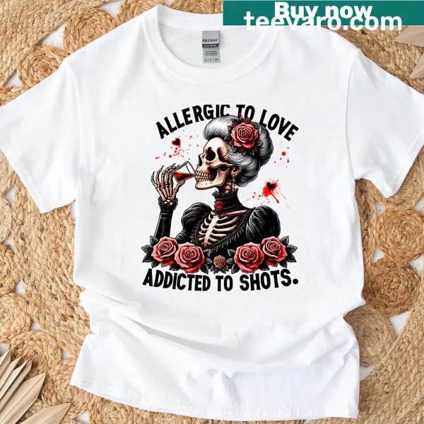 Vintage-style anti-Valentine graphic T-shirt with gothic elements.
