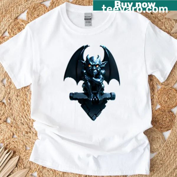 Cartoon grumpy gargoyle graphic on a fun T-shirt.