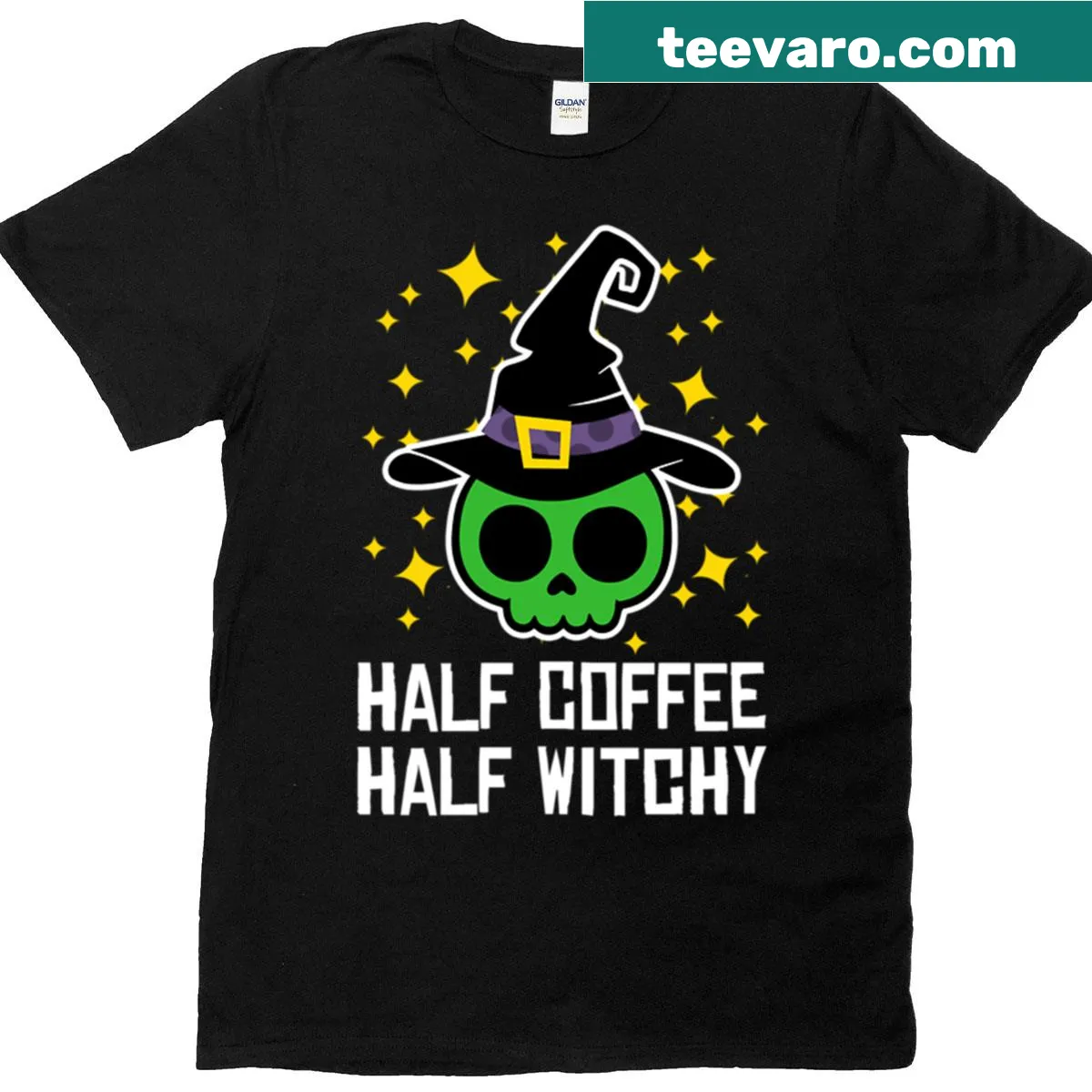 Halloween T-shirt featuring a skull and witchy coffee design — on a men's t-shirt