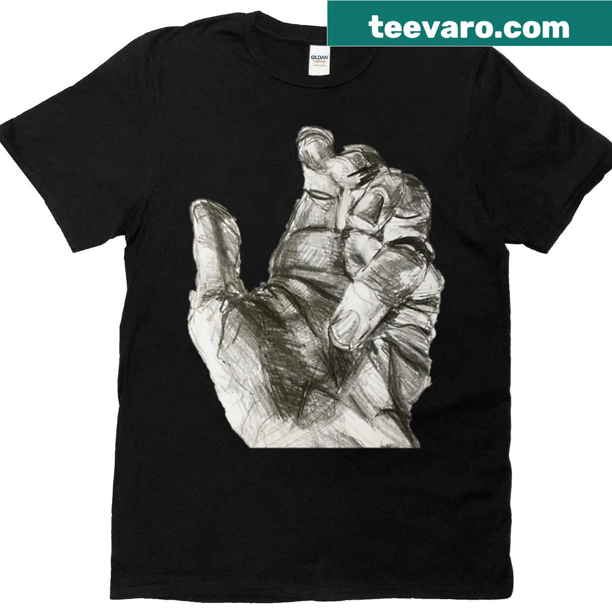 Minimalist t-shirt showcasing an artistic beckoning hand design — on a men's t-shirt