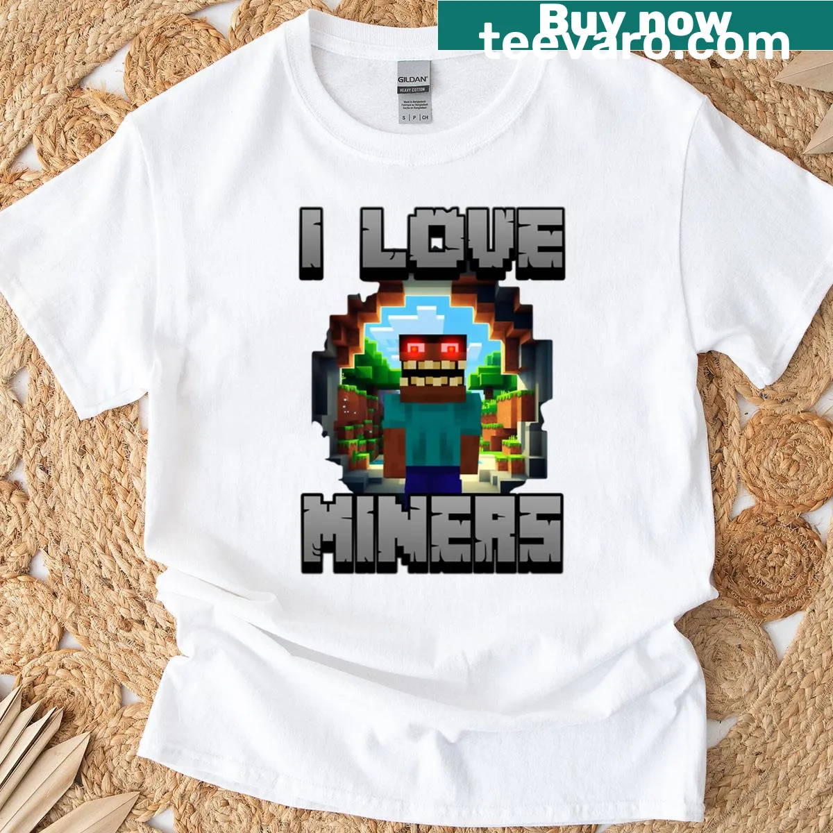 Cartoon graphic t-shirt with 'I Love Miners' text — on a men's t-shirt