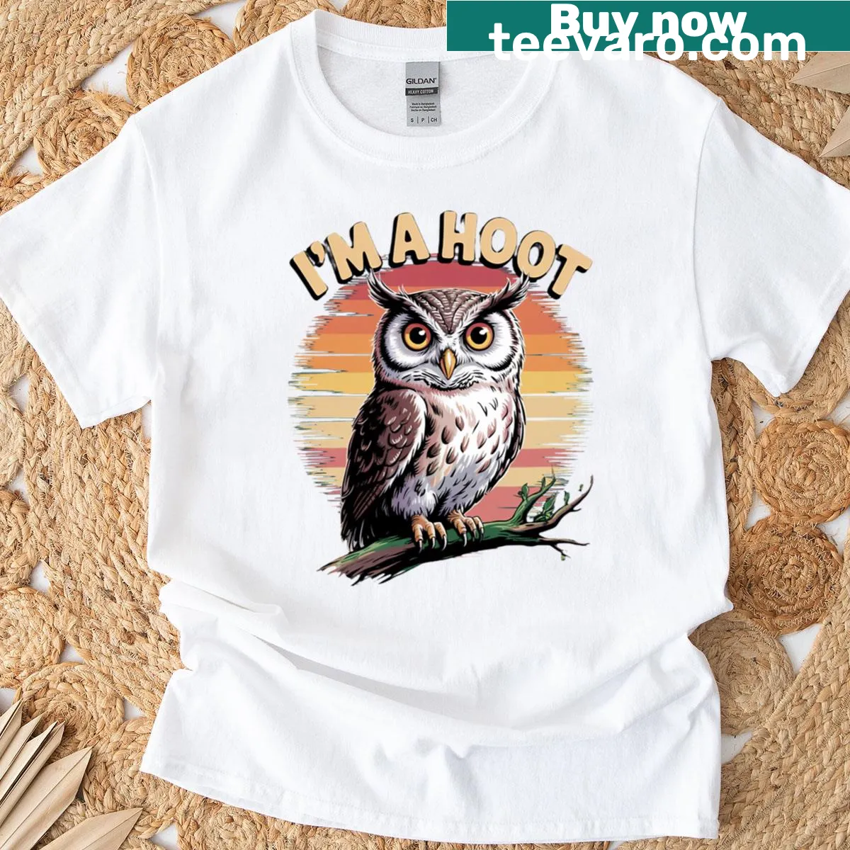 Cute cartoon owl on a branch with humorous text — on a men's t-shirt