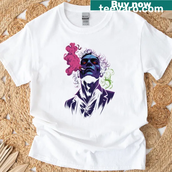 Dark joker illustration surrounded by smoke on edgy villain T-shirt.