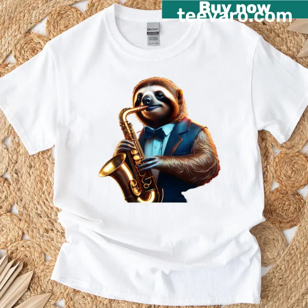 Retro T-shirt featuring a sloth with jazz-themed design