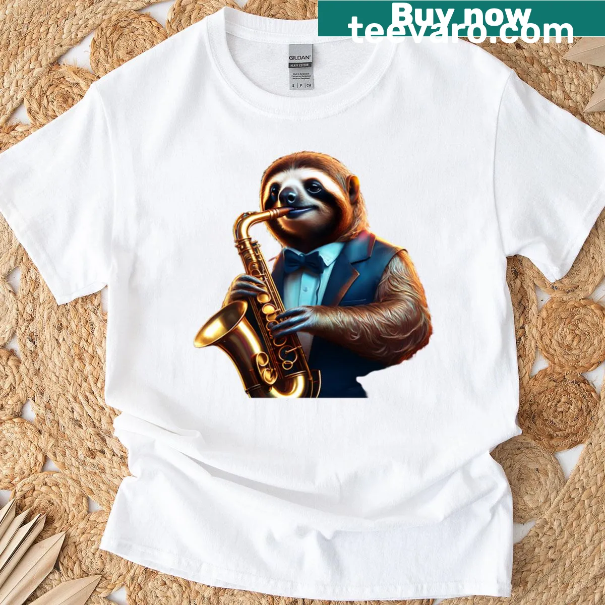 Retro T-shirt featuring a sloth with jazz-themed design — on a men's t-shirt