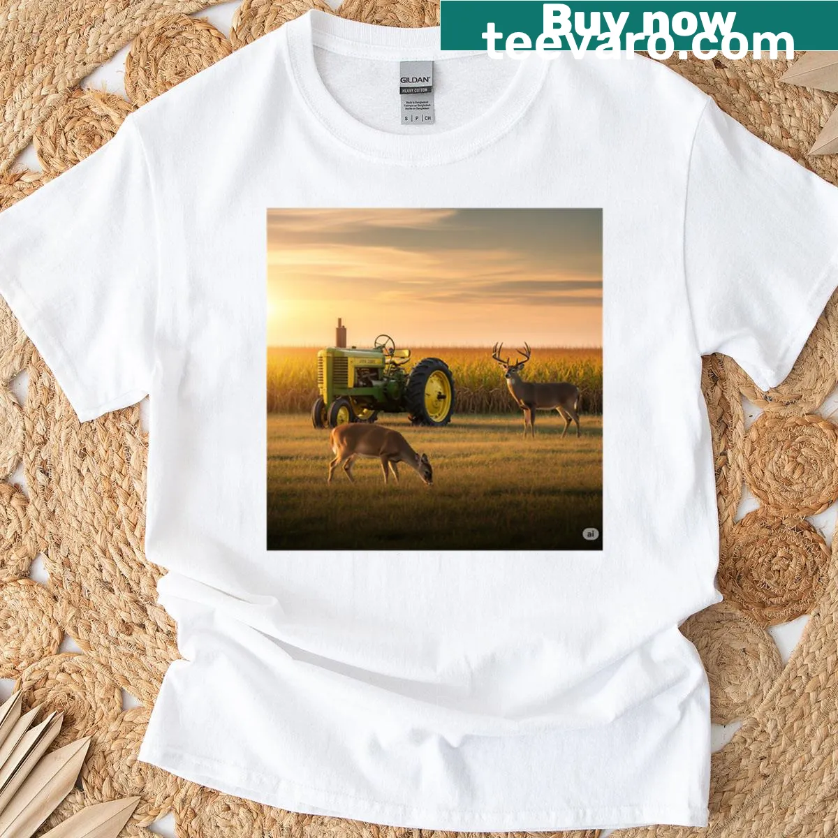 Illustration of whitetail deer with John Deere elements on T-shirt. — on a men's t-shirt