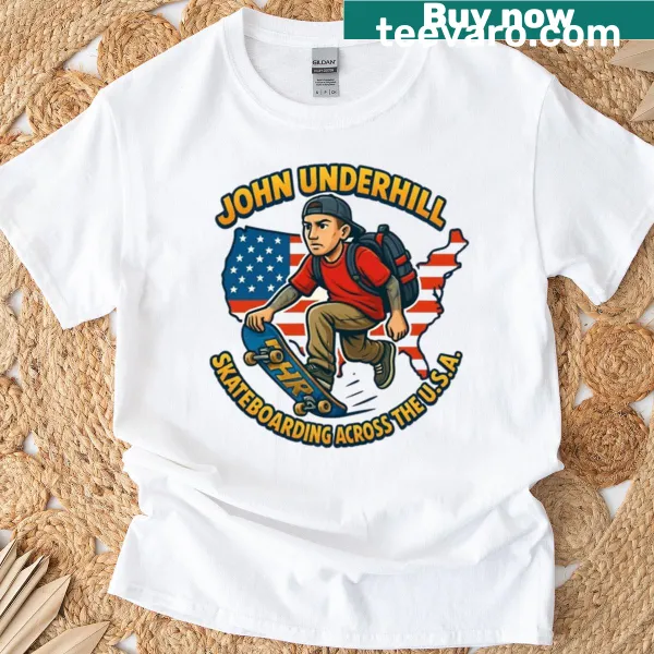 Playful cartoon of John Underhill skateboarding across the USA on oversized T-shirt.