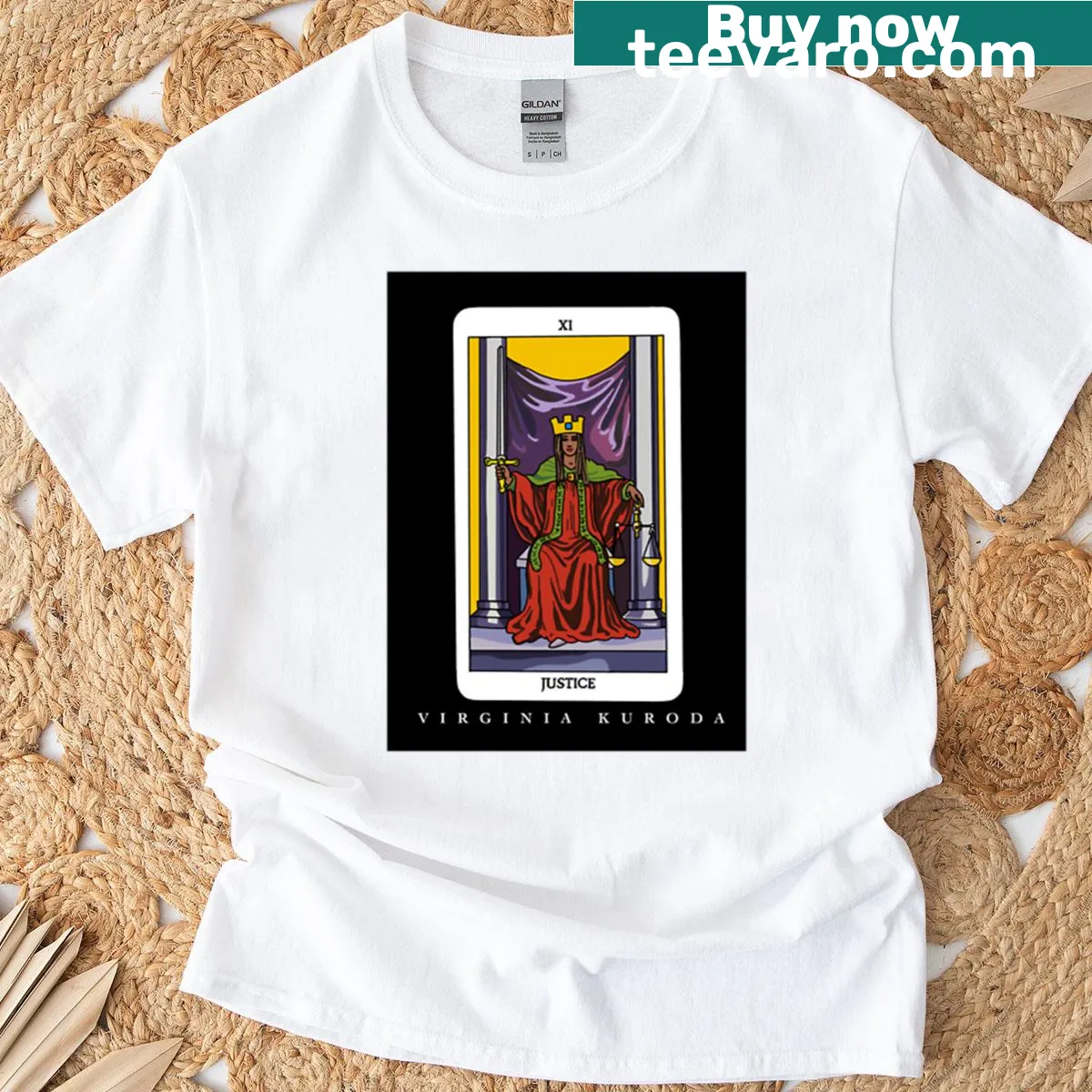 T-shirt featuring the word 'Justice' in bold typography — on a men's t-shirt