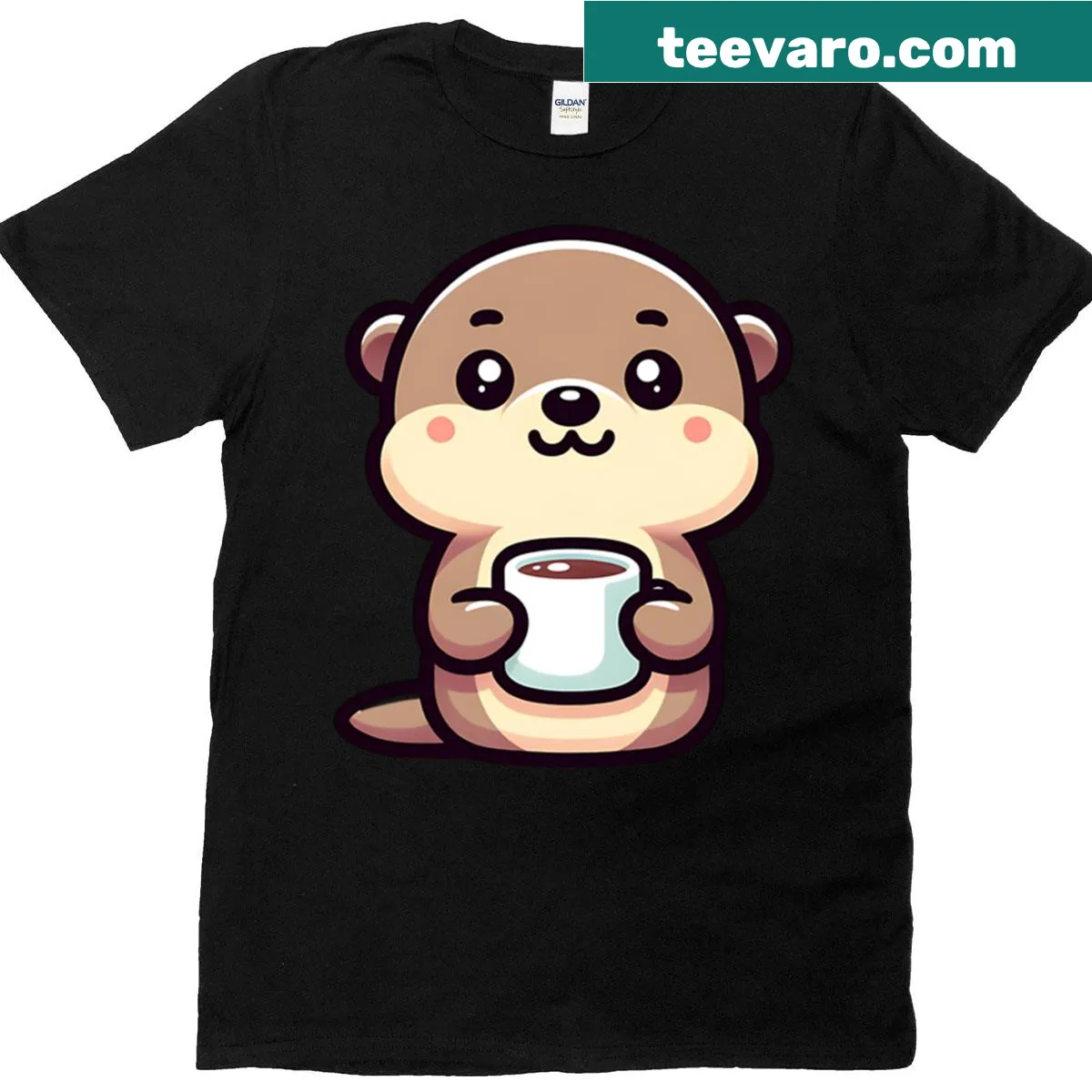 Cute otter with coffee design on Kawaii T-shirt — on a men's t-shirt