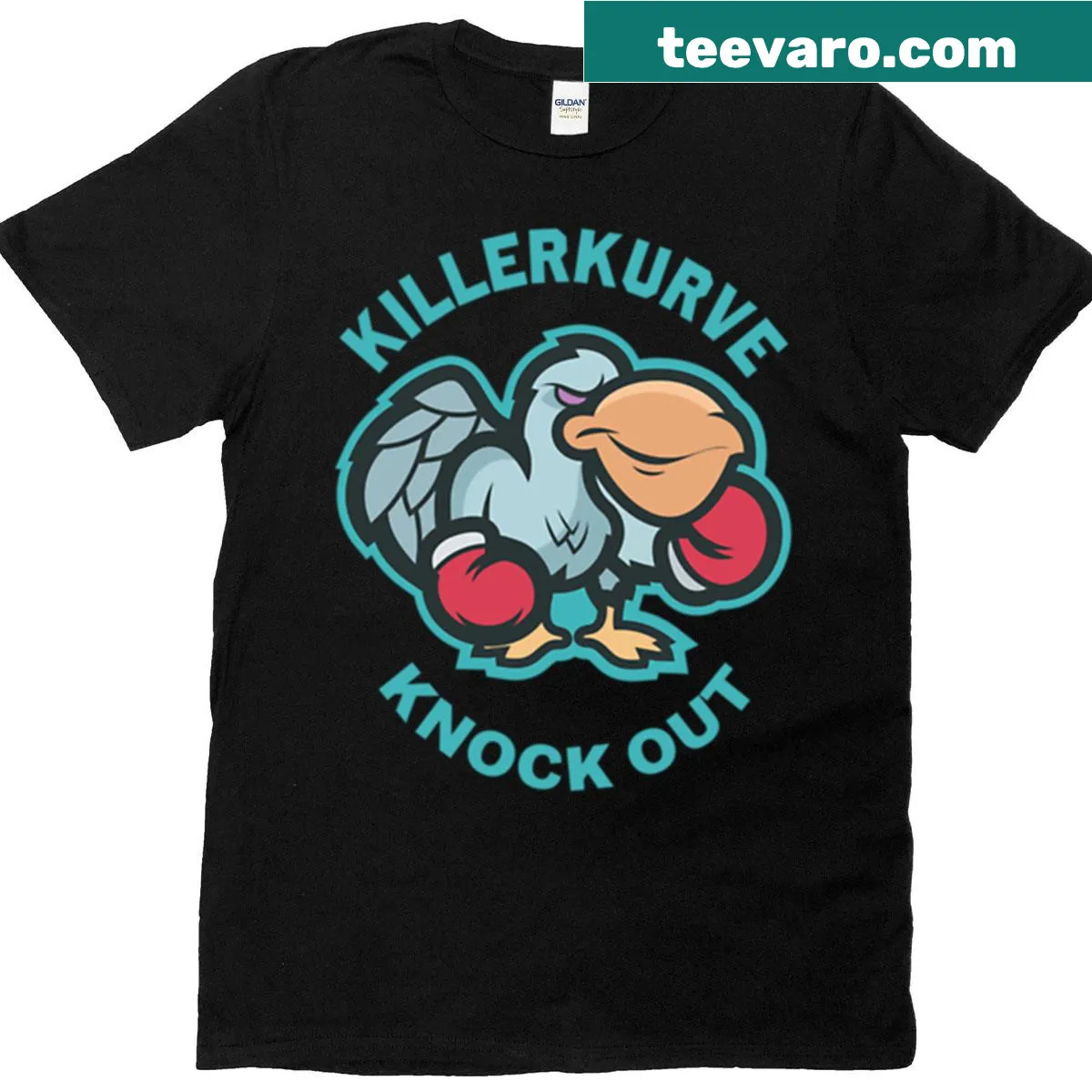 Funny T-shirt with a pelican illustrated in a boxing pose — on a men's t-shirt