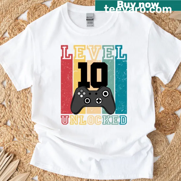 Vintage retro graphic with 'Level 10 Unlocked' on a T-shirt