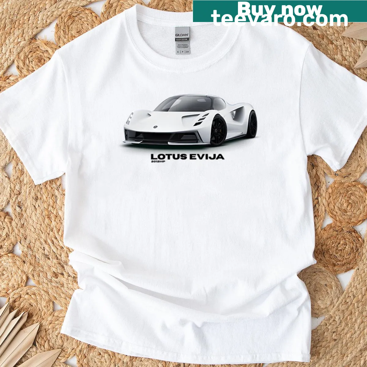 Emblem graphic representing the Lotus Evija on a T-shirt — on a men's t-shirt