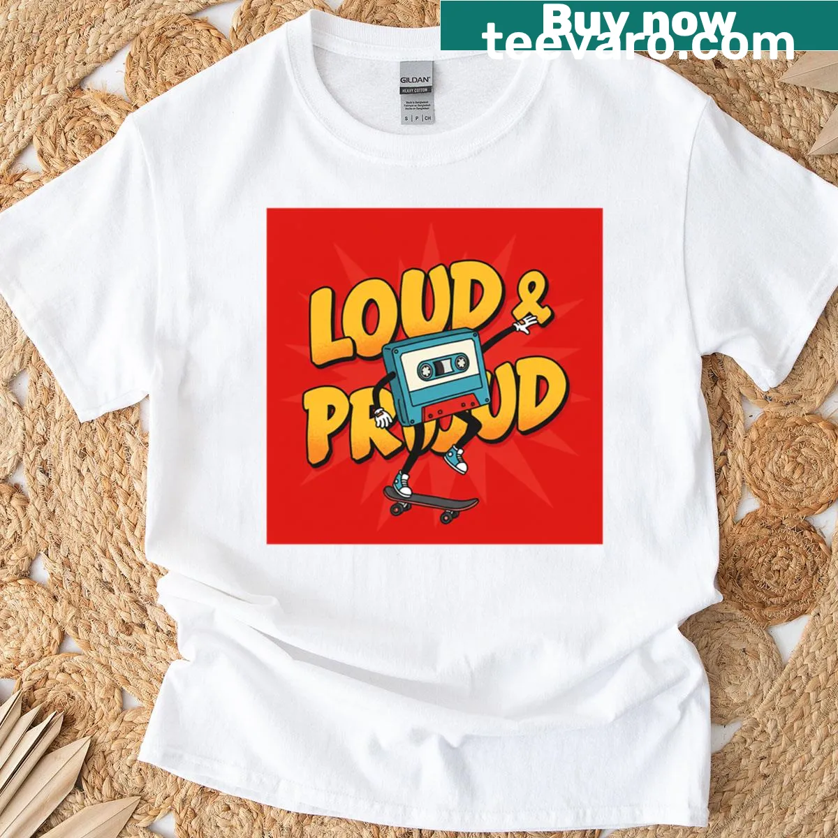 T-shirt with a playful music-themed graphic — on a men's t-shirt