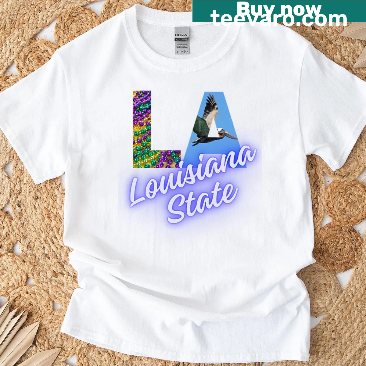 Louisiana-themed t-shirt featuring state emblem and symbols — on a men's t-shirt