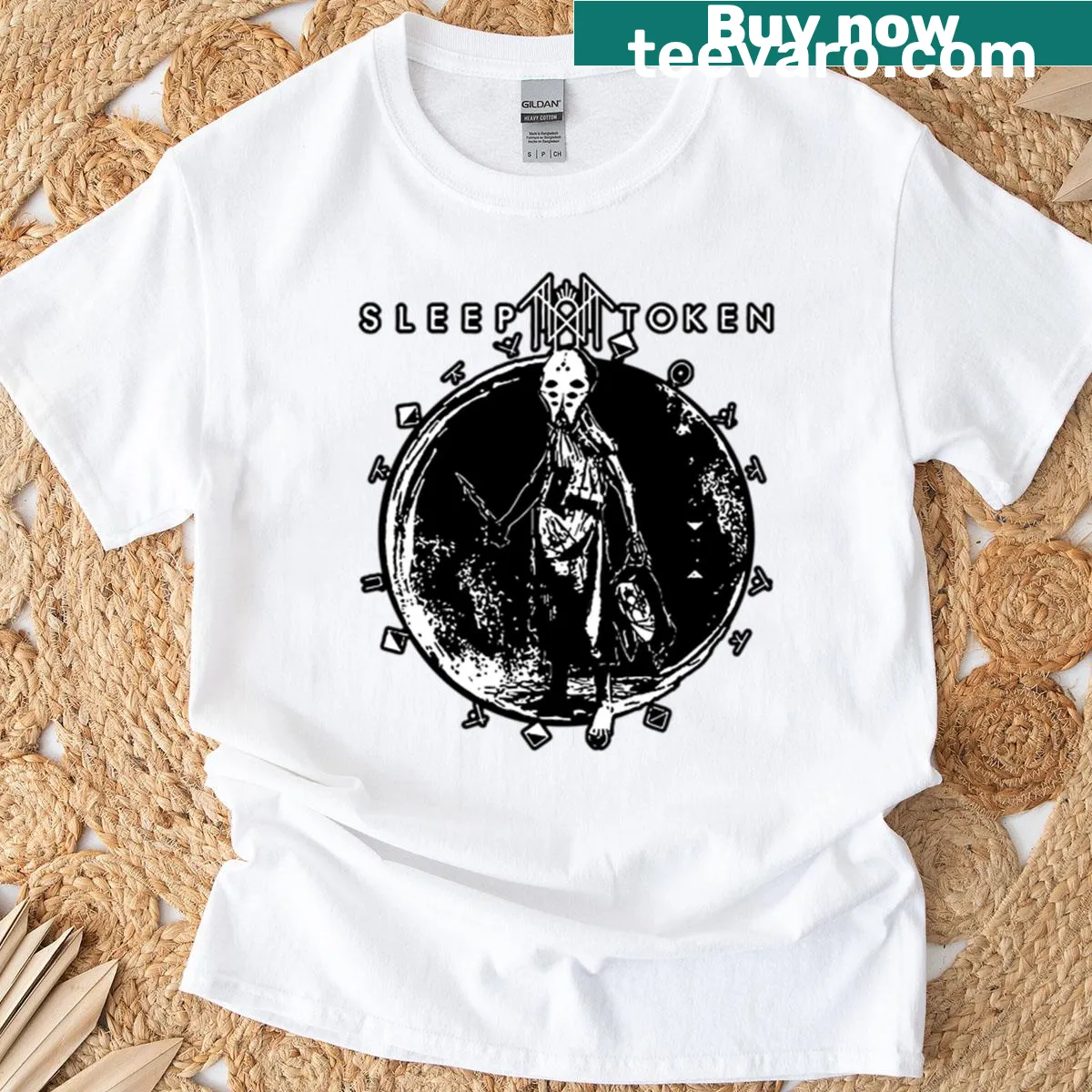 T-shirt featuring a masked deity drifting through dream-like imagery — on a men's t-shirt
