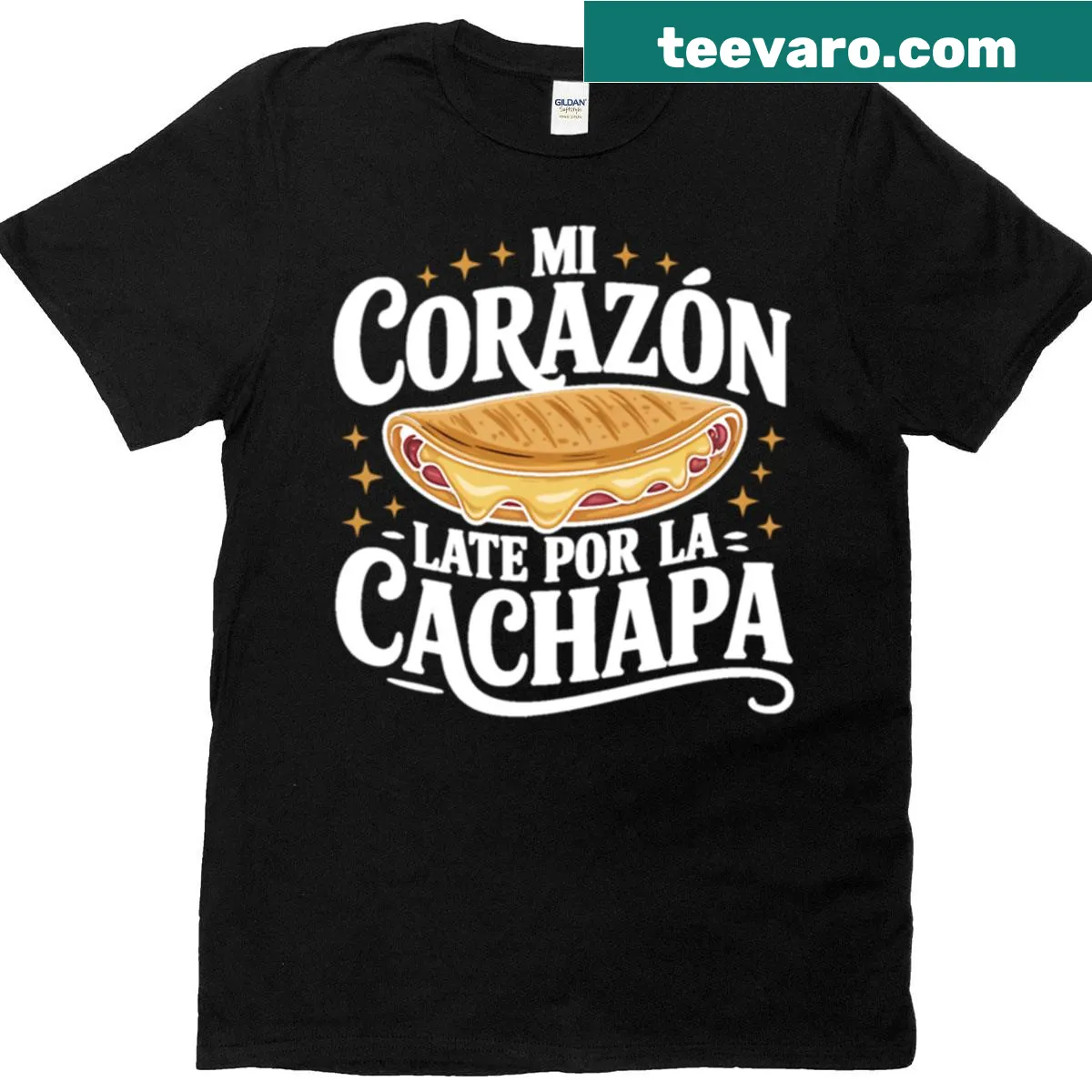 Funny Venezuelan foodie pride shirt with cachapa text — on a men's t-shirt