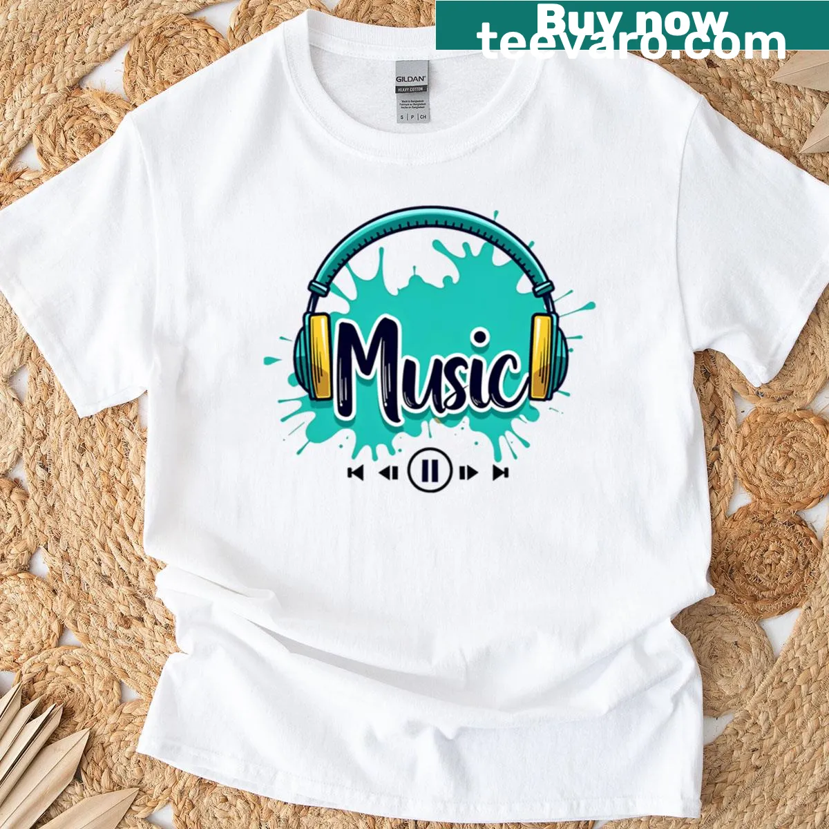 Fitted T-shirt with a graphic of headphones representing music passion — on a men's t-shirt
