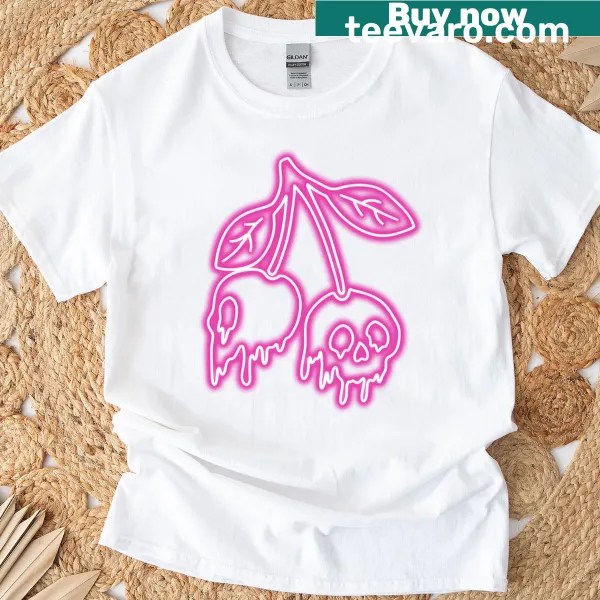 T-shirt with cartoonish neon pink cherry skulls graphic