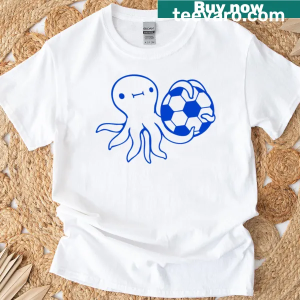 Illustration of an octopus playing soccer, balancing a ball and holding a goalkeeper