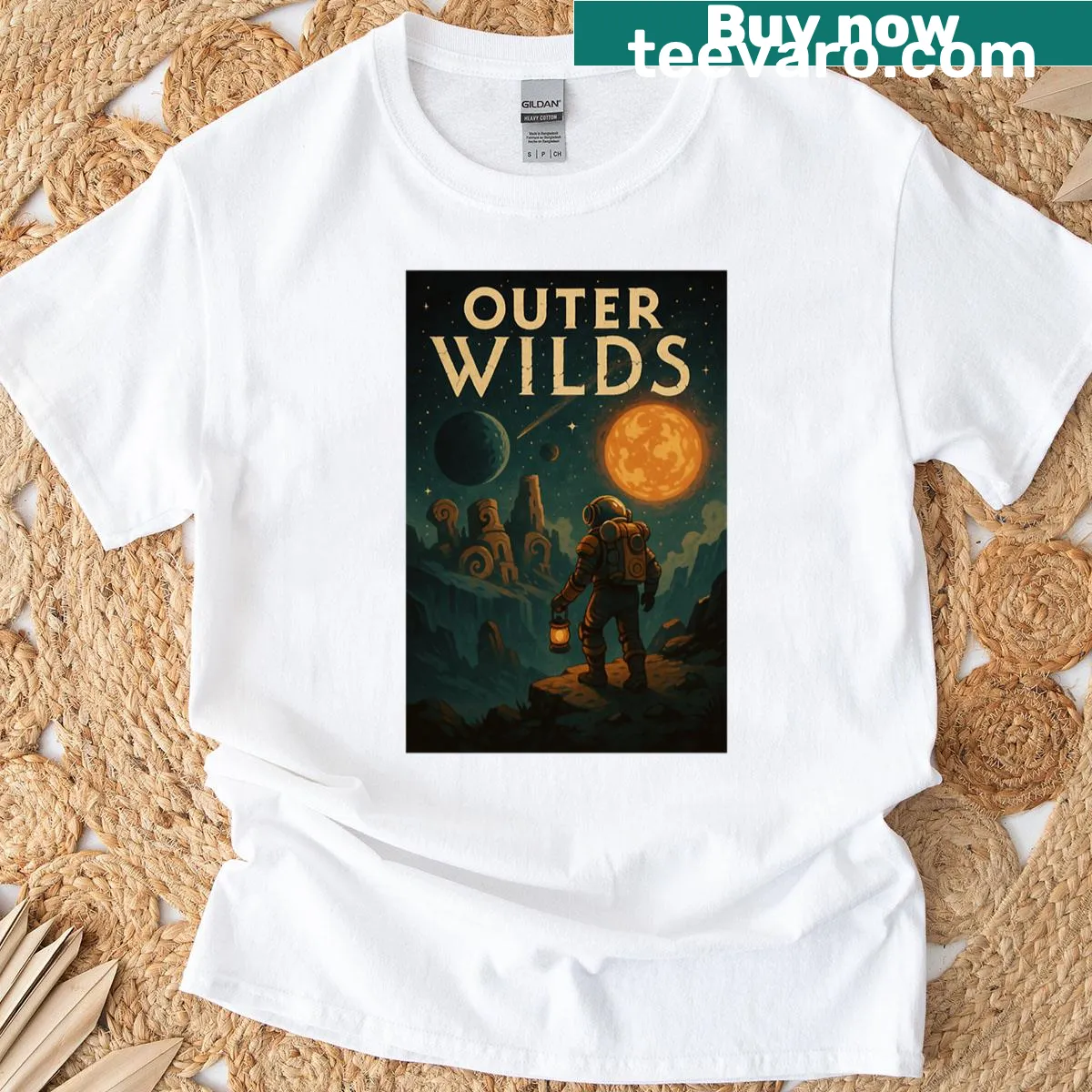 Oversized T-shirt inspired by the game Outer Wilds with a space theme — on a men's t-shirt