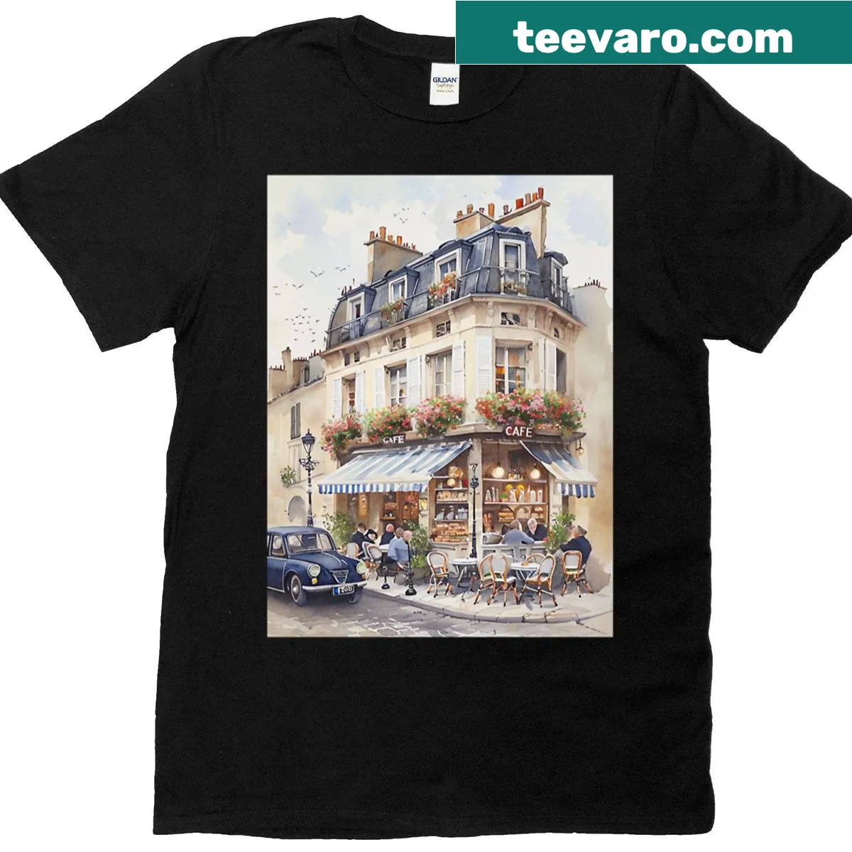 Parisian cafe-themed T-shirt design — on a men's t-shirt