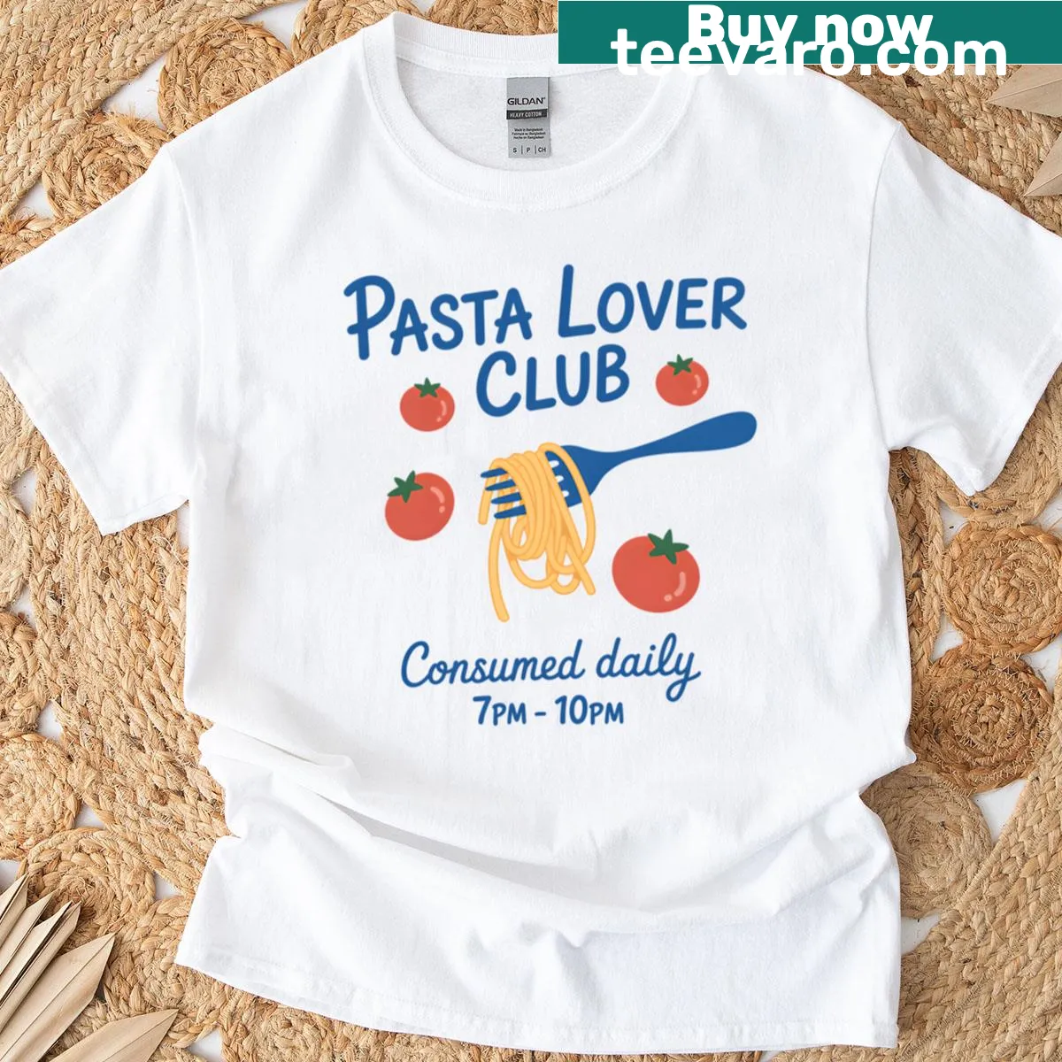 Oversized t-shirt featuring funny hand-drawn spaghetti illustration — on a men's t-shirt