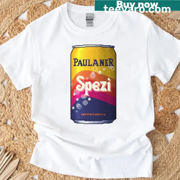 Pixel art style Paulaner Spezi logo t-shirt
