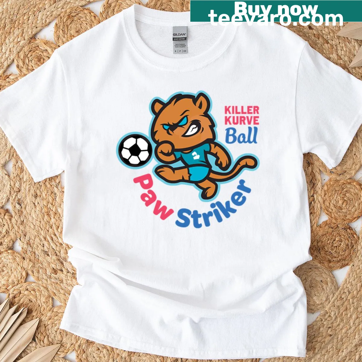 T-shirt featuring a dog as a soccer player — on a men's t-shirt