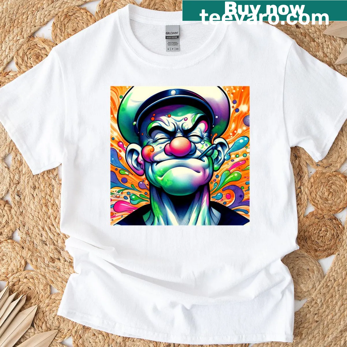 Pop art design of Popeye in a playful cartoon style — on a men's t-shirt