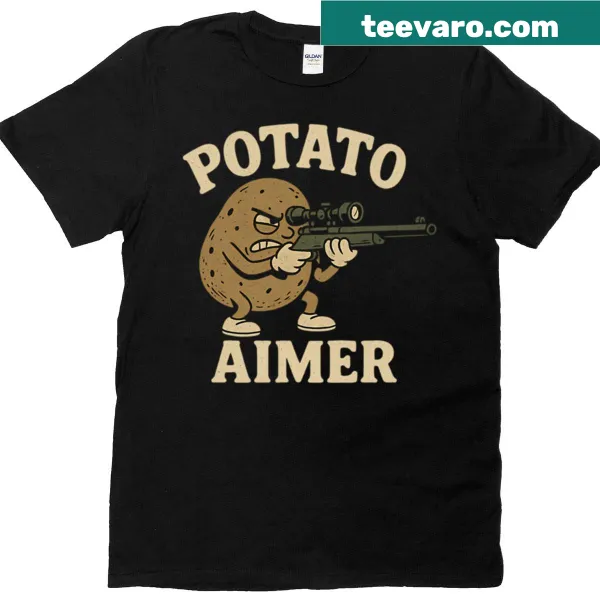 Funny gamer t-shirt featuring a cartoon potato with a controller