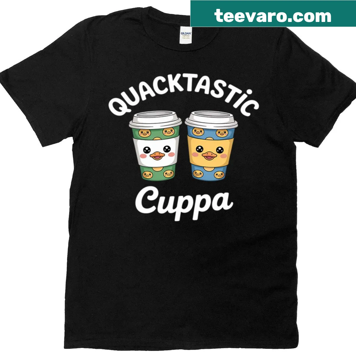 Humorous t-shirt featuring a cartoon duck with a coffee cup — on a men's t-shirt