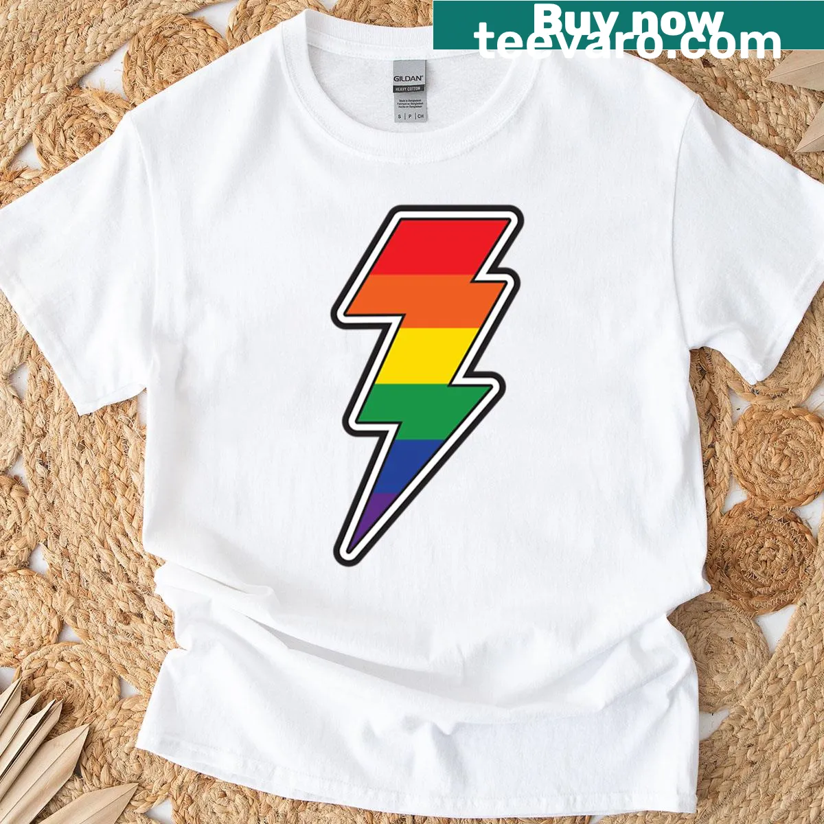 T-shirt featuring a vibrant rainbow lightning bolt graphic — on a men's t-shirt