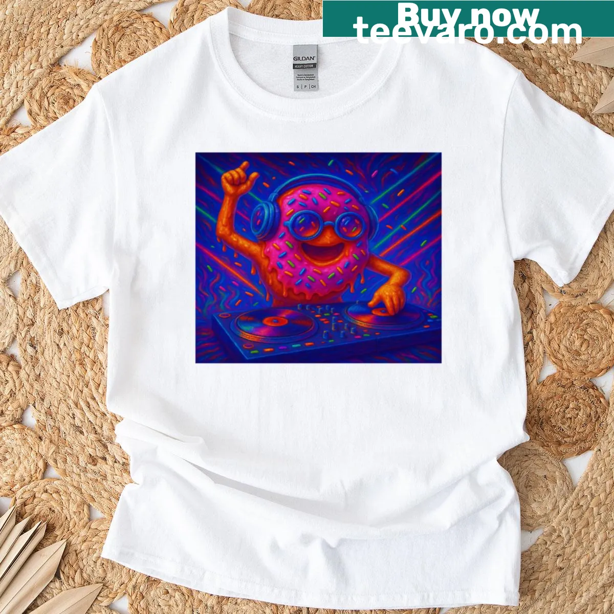 Psychedelic donut graphic t-shirt for party lovers — on a men's t-shirt