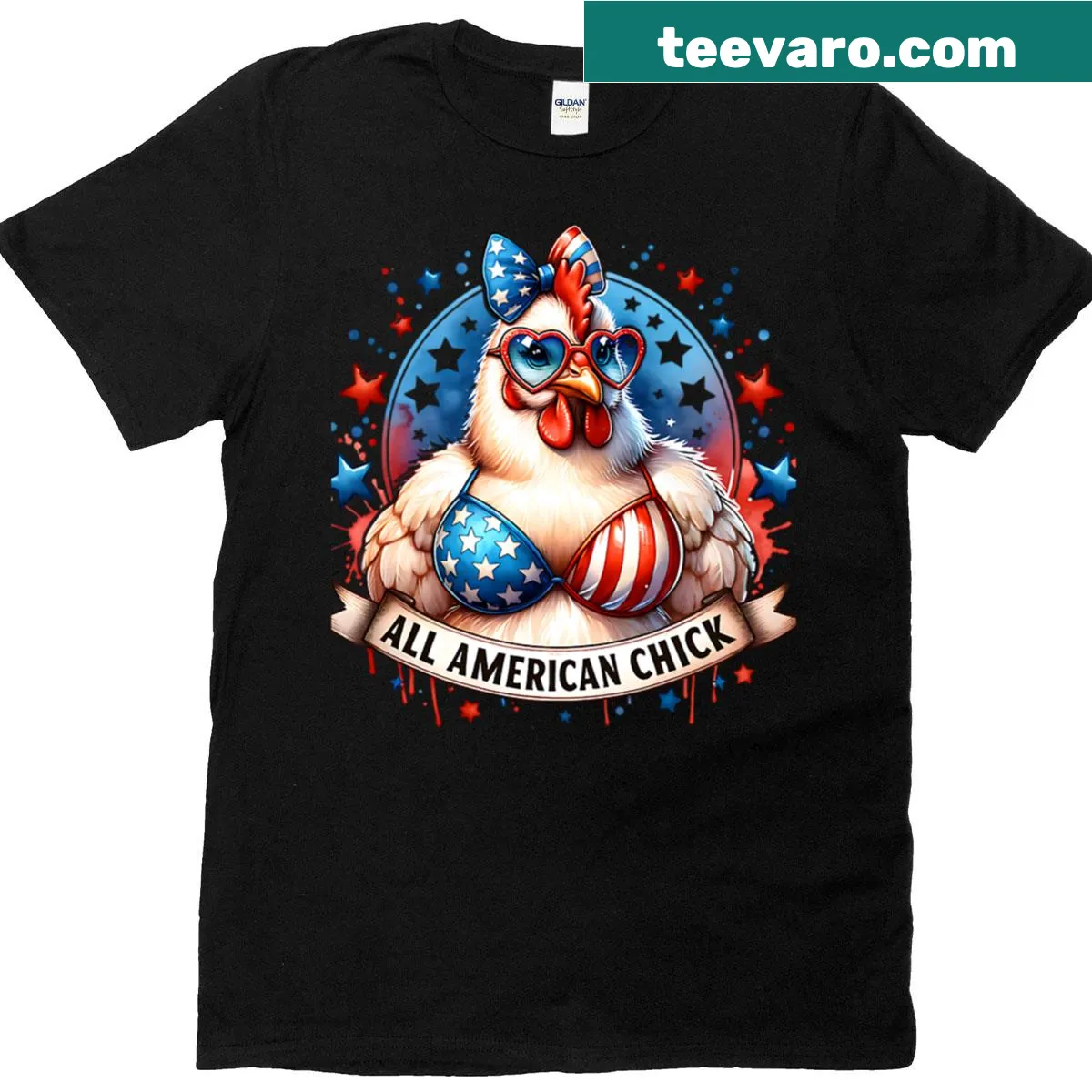 Vintage distressed July 4th t-shirt featuring a patriotic chick design — on a men's t-shirt