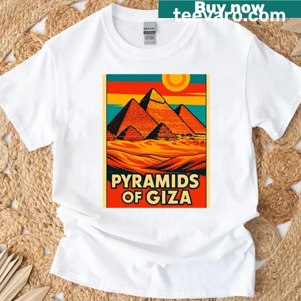 Retro pop art illustration of the Pyramids of Giza on a T-shirt