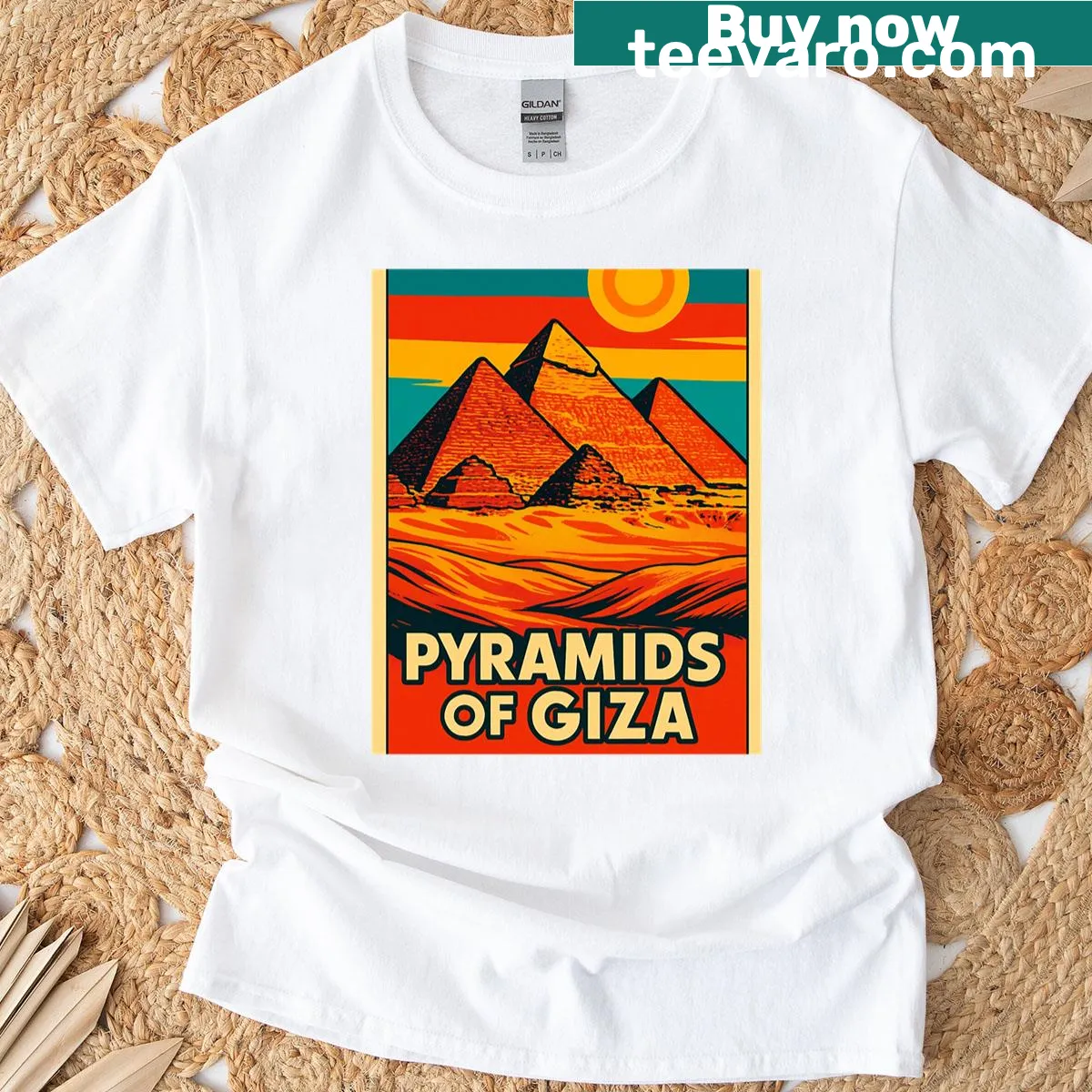 Retro pop art illustration of the Pyramids of Giza on a T-shirt — on a men's t-shirt